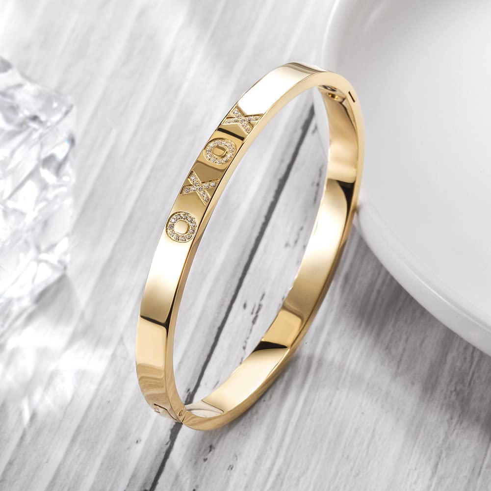 WISTIC Gold Plated Bangle Bracelet for Women, Silver Engraved Letter Cuff Bracelet with CZ, Fits 6.0–7.0 Inch Wrist, 2.4in Inner Dia., Rose Gold Stainless Steel Hinged Bangle Jewelry, XOXO, Gold