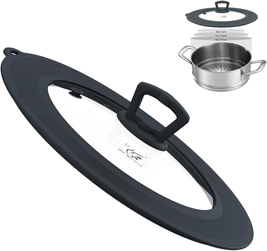 Vented Tempered Glass Universal Lid for Pot Pan Skillet with Heat Resistant Silicone Rim Microwave Splatter Lid Cover Microwave Safe Fit 8â 8.5â 9â Cookware, Dishwasher Safe Grey