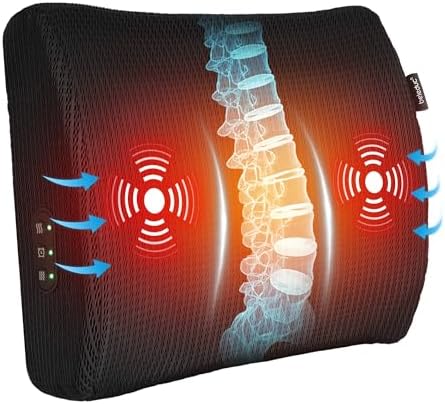 Lumbar Support Pillow for Office Chair - Heated Back Support Pillow with Vibration Massage, Ergonomic Back Massager for Chair, Adjustable Vibration, 2 Heat Levels, Gifts