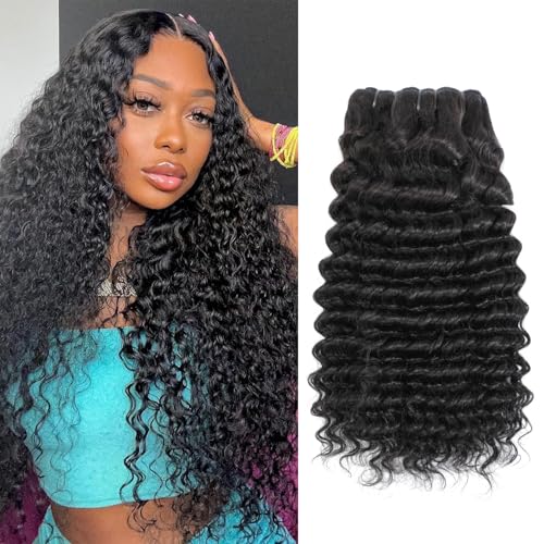 15A Raw Indian Deep Wave Bundles Human Hair 12 14 16 Inch 100% Human Deep Wave Curly Hair Bundles Wet and Wavy Double Drown Weft Hair Extensions Natural Black Color Remy Virgin Hair