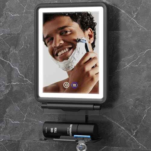 Heated Shower Mirror Fogless for Shaving, 3 Colors Stepless Dimmable Lights Fogless Mirror for Shower, Rechargeable Anti Fog Shaving Mirror for Shower with Razor Holder for Men, Light Memory Function