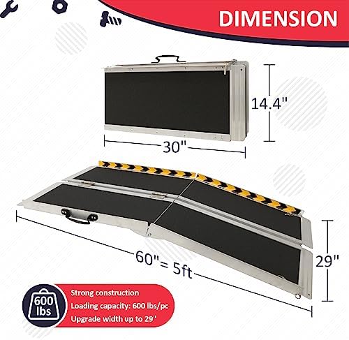 PENSUN 5FT Wheelchair Ramp, 60" L x 29" W Threshold Ramps, Non-Skid Portable Foldable Wheelchair Ramps for Steps, Lightweight with Handle, for Home, Stairs, Doorways, Curbs / 600lbs Capacity (5FT)
