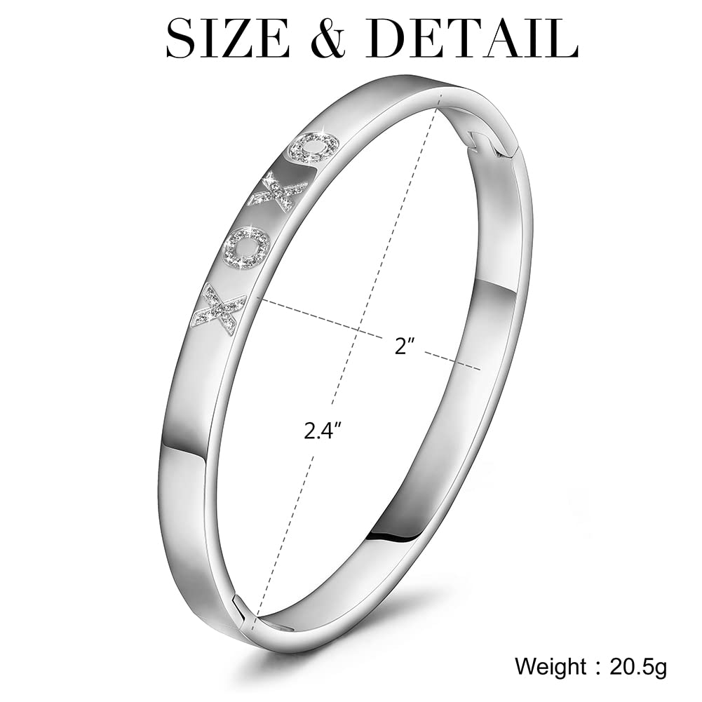 WISTIC Gold Plated Bangle Bracelet for Women, Silver Engraved Letter Cuff Bracelet with CZ, Fits 6.0–7.0 Inch Wrist, 2.4in Inner Dia., Rose Gold Stainless Steel Hinged Bangle Jewelry, XOXO, Silver