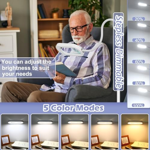 Drdefi 10X Rectangular Magnifying Glass with Light and Stand, 24" Flexible Gooseneck Floor Lamp, 5 Color Modes Stepless Dimmable, 3-in-1 LED Lighted Magnifier Light Hands Free for Reading Craft-White
