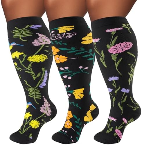 Plus Size Compression Socks for Women & Men 3 Pairs, Wide Calf Extra Large 20-30 mmHg Knee High Support Socks for Travel, Running, Nurse