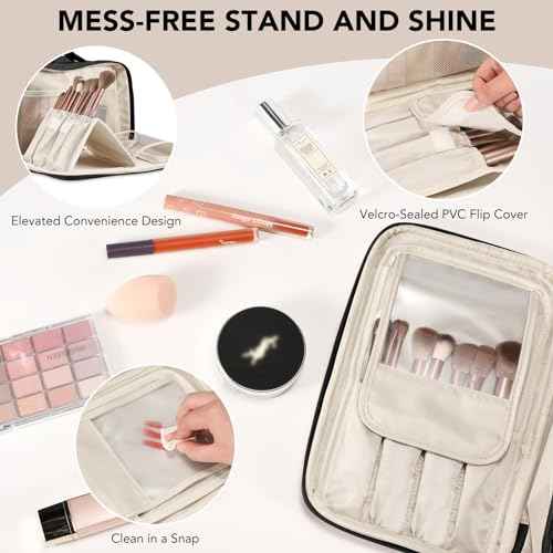 Travel Makeup Bag Women's Large Capacity Cosmetic Portable Organizer Large Opening Waterproof Storage Toiletry Bags Vertical Free-Standing Brush Holder for Easy Access Black