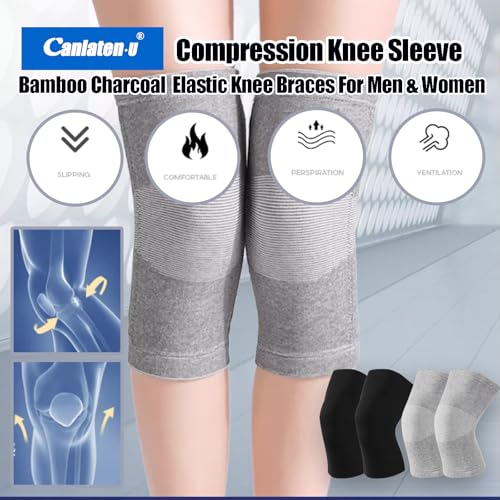Bamboo Charcoal Compression Knee Sleeve - Elastic Knee Braces Pads Warmers Protective Knee Support for Arthritis and Runners (Gray+Black, Medium)