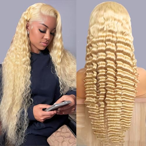 613 Deep Wave Wig Human Hair 13x6 Blonde Lace Front Wigs Human Hair 180% Density 613 HD Lace Frontal Wig for Women Blonde Glueless Wigs Human Hair Pre Plucked with Baby Hair 20 inch