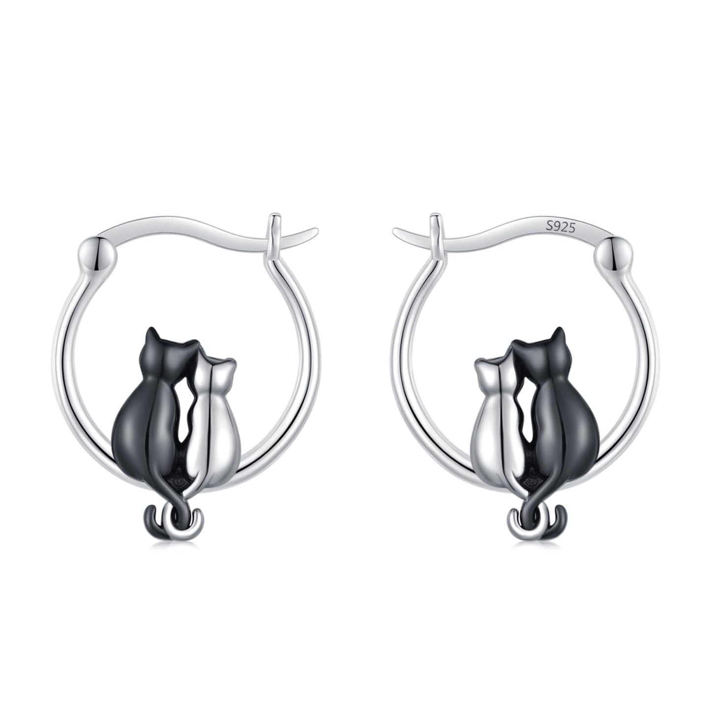Two Cats Earrings 925 Sterling Silver Black and Silver Cat Huggie Hoop Earrings Animal Jewelry Best Friend Couples Sister Gifts for Cat Lovers Women