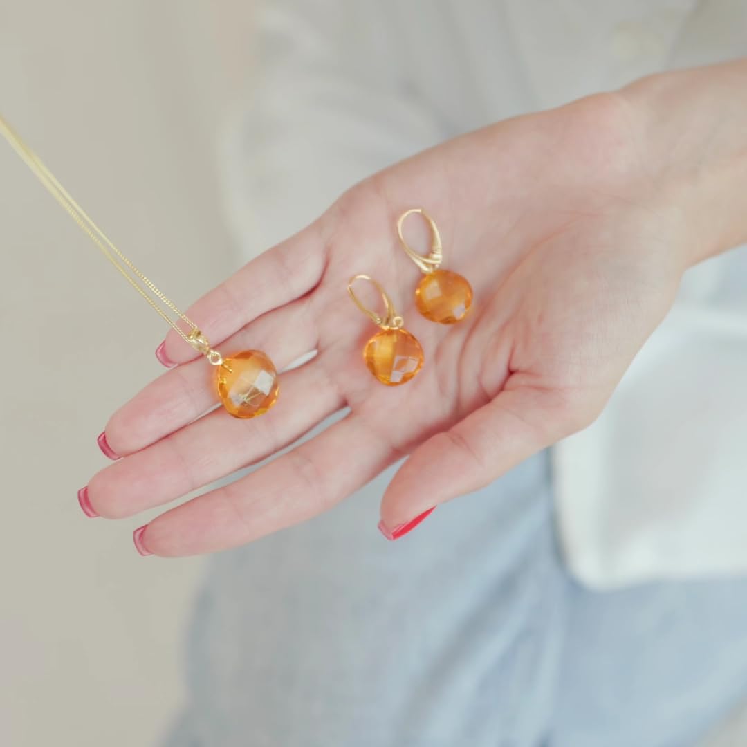 Amber by Mazukna Natural Baltic Amber Pendant for Women, Cognac Drop Necklace with Gold-Plated Sterling Silver Chain, Lightweight 18-inch Jewelry Gift for Everyday Elegance (Faceted Cushion)