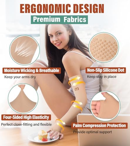 MGANG Lymphedema Compression Arm Sleeve with Gauntlet for Women Men, Opaque, 20-30 mmHg Medical Graduated Compression Full Arm Support, Thumb Lymph Edema Arm Sleeve, Pain Relief, Arthritis, Beige M