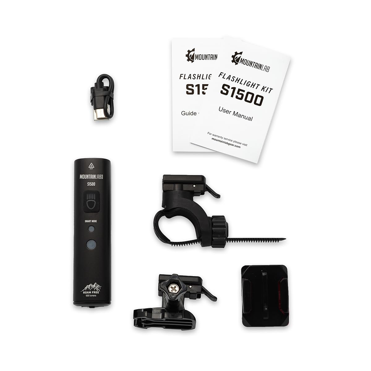 Mountain Lab S1500 LED Flashlight Kit – 1500 Lumen Rechargeable Tactical Light with Smart Mode, Handlebar & Helmet Mount, Waterproof Aluminum Body for Cycling, Smowmobiling & Emergency Use