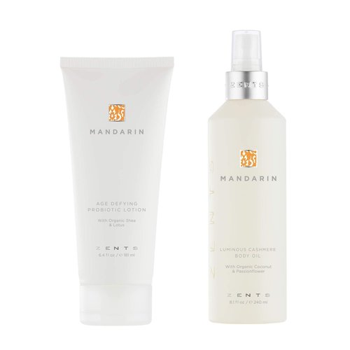 Zents Body Lotion and Cashmere Oil Set (Mandarin), Anti-Aging Probiotic Lotion, Soften and Moisturize Skin with Organic Coconut Oil, Moisturize and Nourish Dry Skin, Powerful Healing Duo