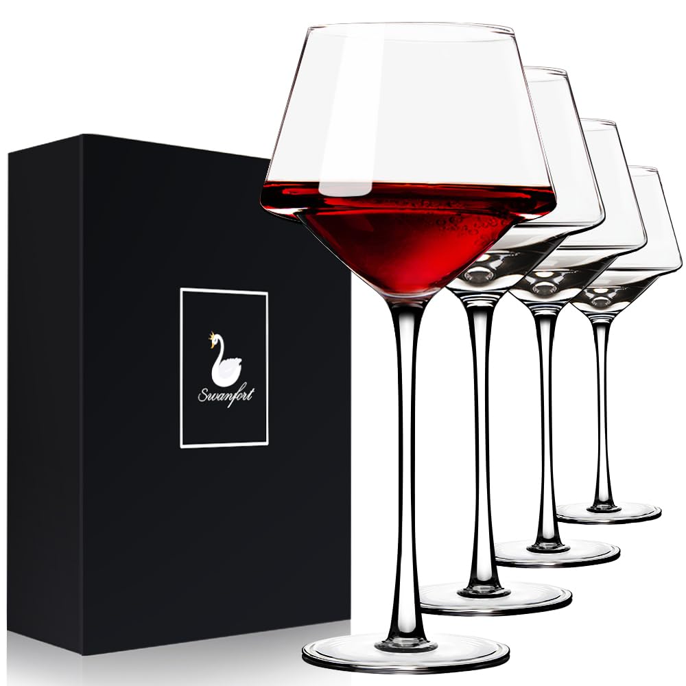 Red Wine Glasses Set of 4, Long Stem Crystal Wine Glasses, Burgundy Wine Glass with Gift Box, 14.5 oz Large Wine Glasses With Stem for Wedding Anniversary Birthday Gifts