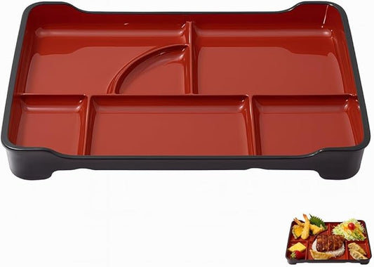 JapanBargain 1590, Japanese Lunch Bento Box Traditional Plastic Lacquered Bento Plate 6 Compartments for Restaurant or Home, Red and Black Color, 14"x9.25", Made in Japan, 10 Pack