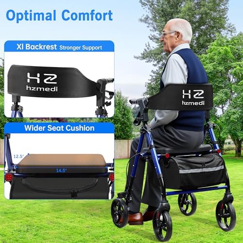 Walkers for Seniors Lightweight with Seat Foldable, Frame 8" Big Wheels Adult Rolling Walker for All Terrain, Dual Adjustable Height Rollator Transport 4 Wheels Walker| Royal Blue