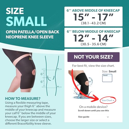 BraceAbility Open Patella/Open Back Neoprene Knee Sleeve | Water-Resistant Athletic Compression Knee Brace for Swimming, Wakeboarding, Scuba Diving, Surfing, Waterskiing and Other Sports (Small)