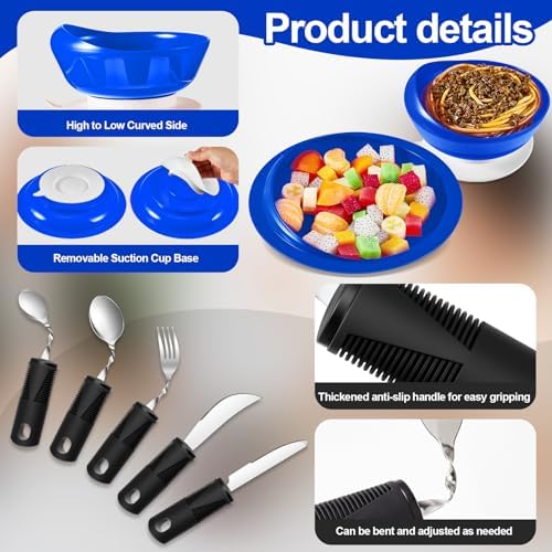 2 Sets Adaptive Utensils Bowl and Plate Set Adaptive Self Feeding Dinnerware with Suction Base Non Slip Bendable Cutlery for Elderly Disabled Hand Tremors Arthritis Parkinson(Blue)