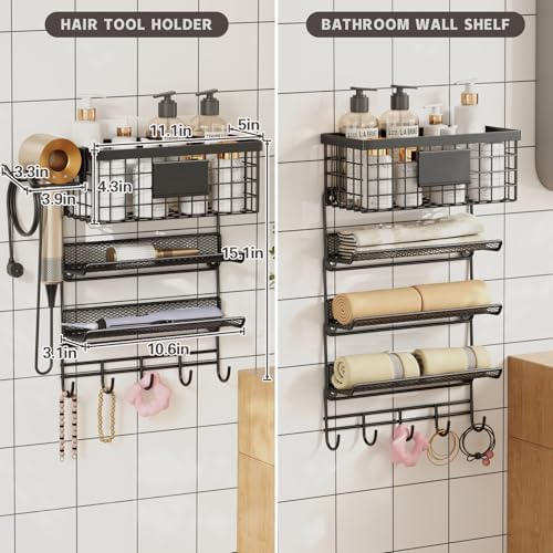 Hair Dryer Holder Wall Mounted, Adheisve Hair Styling Tool Organizer for hair Brush/Appliance Wall Mount with 4 Tier Shelf Basket Hooks Blow Dryer and Straightener Holder for Bathroom(Black)