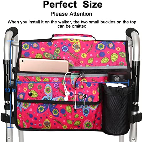 Wheelchair Storage Bag, Double-Sided Armrest Pouch with Cup Holder and Reflective Strip, for Wheelchairs and Walkers (Red Butterfly)