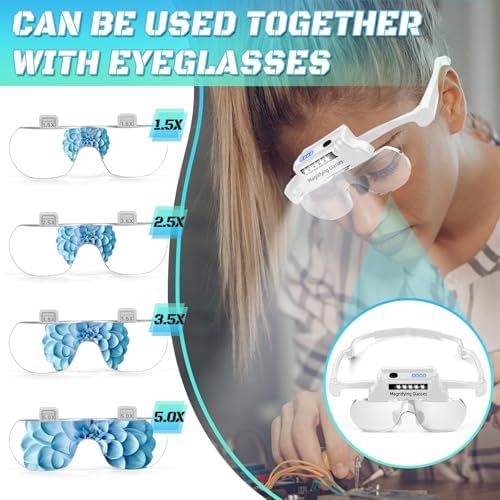 Magnifying Glasses with Lights Rechargeable Headband Magnifying Glasses for Close Work with 5 LEDs, 5X 3.5X 2.5X 1.5X Hands Free Lighted Magnifier for Reading Jewelry Sewing