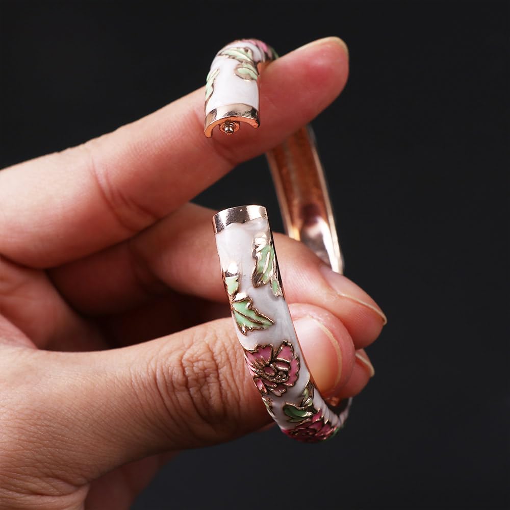 Cloisonne Bangle Colorful Enamel Peony Flower Chinese Filigree Flower Bracelet Traditional Handicraft Ethnic Bangles for Women Gifts Bracelet Gifts, Random Color