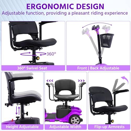 Mobility Scooter for Seniors, Adults, 4 Wheels Removable Electric Powered Chargeable Device, Foldable and Portable, with LED Headlights and Basket, Charger Include (Purple/Black)