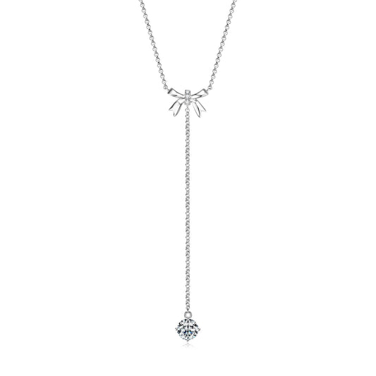 AINUOSHI Moissanite Bow Lariat Necklace for Women 925 Sterling Silver Y-Shaped Linear Drop Chain Necklaces Dainty Long V-Neck Layered Necklaces Anniversary Birthday Gifts for Wife Her