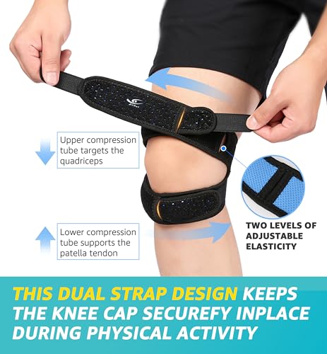 HiRui Dual Patella Knee Straps, Knee Brace Patella Stabilizer for Knee Pain Relief Running Tennis Jumping Arthritis Tendonitis, Joint and Muscles Protection - Adjustable (Black, 2 Pack)