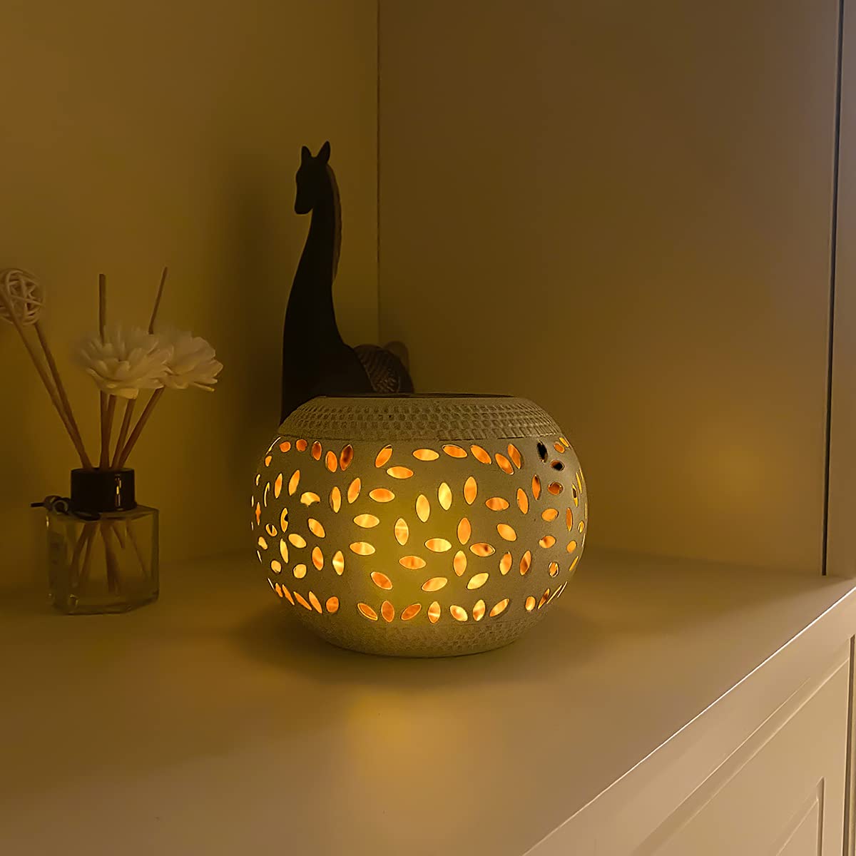 Solar Table Lantern Outdoor Waterproof- Dancing Flickering Flame Solar Powered LED Light,White Metal Desktop Decorative Lamp for Gifts for Women Mom,Desk Patio Garden Yard