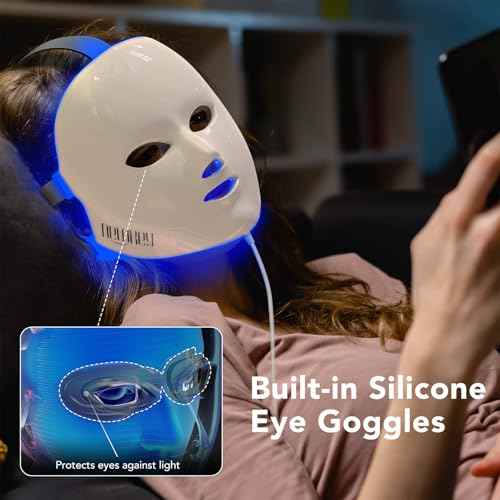 NEWKEY Blue light Therapy Mask for Face Acne, 7 Colors LED Acne Scar Spots Light Therapy Treatment with Silicone Eye Protector for Acne Prone Sensitive Skin and Blemishes Prevention,Plug-in