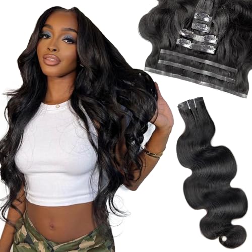 Seamless Clip In Hair Extensions Real Human Hair Invisible PU Skin Weft Body Wave Clip Ins 100% Unprocessed Brazilian Remy Human Hair Extensions 7pcs with 16Clips 110g£¨Natural Black,22 inch£©