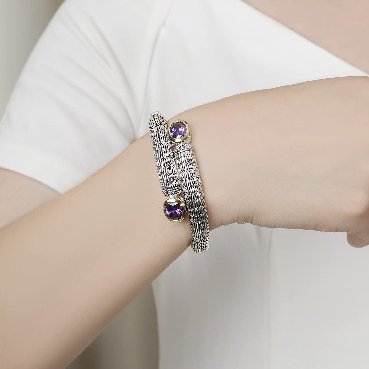 UNY JEWEL Jewelry Multi Strand Foxtail Chain Woven Pattern Inlay 8 by 10 Oval CZ Vintage Antique Two Tone Elegant Designer Inspired Unique Box Tongue Clasp Bangle (Clear)