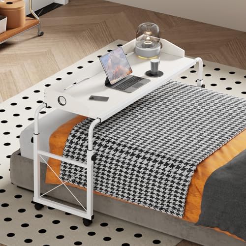 Overbed Table with Wheels, Overbed Desk with Adjustable Length and Height, Rolling Over Bed Desk, King Queen Over The Bed Table on Wheels, Heavy Duty Laptop Table for Hospital and Home (White, 1.2M)