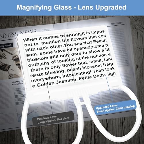 5X Hands Free Magnifying Glass with Light and Stand 43 Ultra-Bright LEDs, Page Magnifier for Reading, Neck Wear Large Magnifying Glass for Reading Small Prints Low Vision Elderly(White)