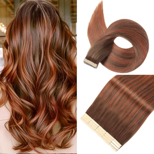 Tape in Hair Extensions Real Human Hair 24 Inch Balayage Chocolate Brown to Auburn Brown Tape for Skin Weft Hair Extension Invisible Tape in Hair Extensions Straight Remy Human Hair for Women 20pcs