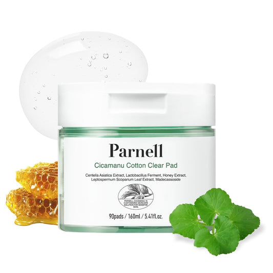 Parnell Cicamanu Cotton Clear Pad | Gentle Daily Exfoliating & Soothing Toner Pads for Sensitive Troubled Skin | Cica LHA PHA Ceramide HA Manuka Honey | Unbleached Biodegradable (90 Count)