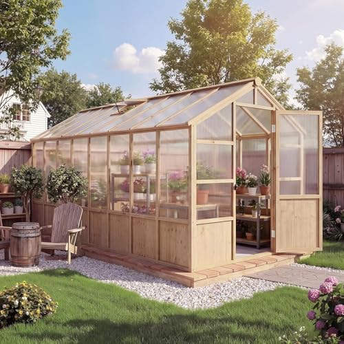 6X12 ft Outdoor Wooden Greenhouse with Lockable Door, Adjustable Roof Vent & Polycarbonate Panels, UV Protection, Large Cedar Wood Walk-in Green House for Garden, Backyard, Patio, Lawn, Light Brown
