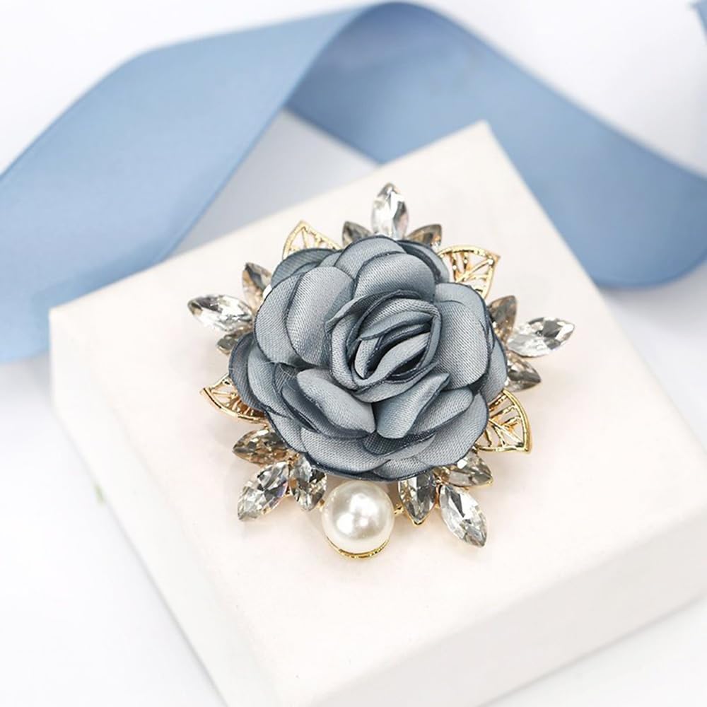 Elegant Rose Flower Brooch Pin for Women Men Wedding Party Gentleman's Essentials Handmade Imitation Crystal Pearl Fabric Flower Lapel Pin Dress Suit Accessories Boutonniere Ideas Gift (Grey)