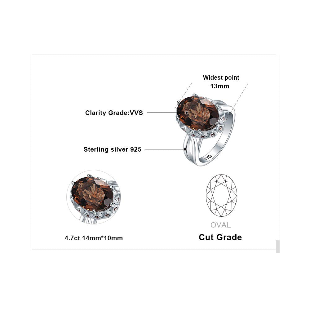 JewelryPalace Huge Oval Shape 5.7ct Genuine Smoky Quartz Cocktail Rings for Her, 14K White Gold Plated 925 Sterling Silver Ring for Women, Natural Gemstone Jewelry Sets Rings 9