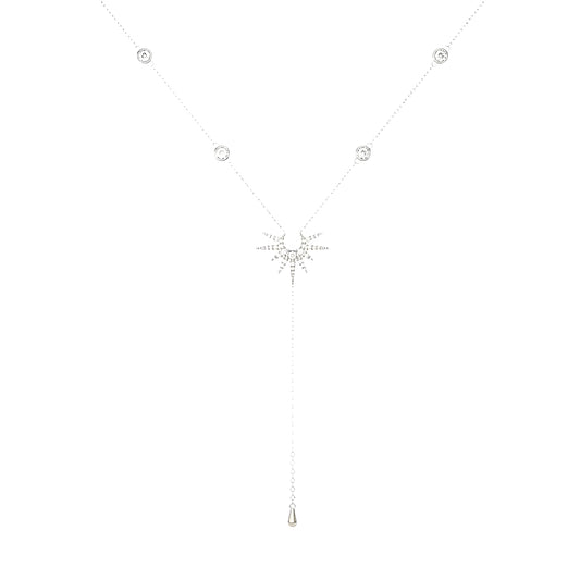 925 Sterling Silver Lariet Necklace, 14K Yellow Gold Long Y Necklace with Zircon Geometric Long Pendant Necklace for Women, Vintage Charm Silver Lariat Jewelry Accessories (G Silver - Lariat Necklace)