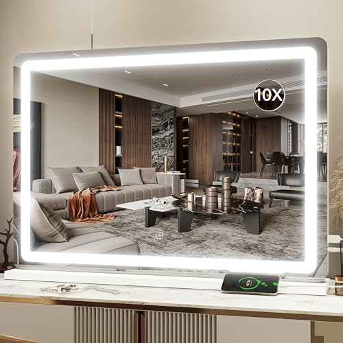 HNV Vanity Mirror with Lights 31"x21" Large Lighted Makeup Mirror, 3-Color Dimmable LED, Touch Screen, USB Charging, Tabletop & Wall Mount (White)