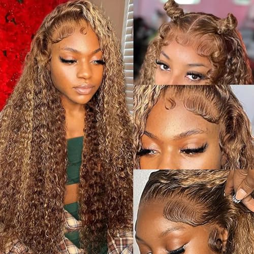 26 Inch 13x6 Highlight Ombre Deep Wave Lace Front Wigs Human Hair Pre Plucked #4/27 Colored Glueless Wigs Water Wave Honey Blonde Curly Lace Frontal Wigs Human Hair for Women