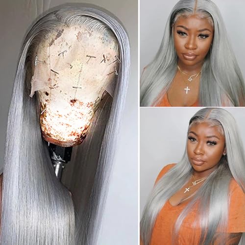 Smavida Grey Straight 13¡¿4 HD Transparent Lace Front Wigs Pre Plucked Silver Human Hair Wigs for Black Women 150 Density Grey 100% Brazilian Virgin Human Hair Wigs with Baby Hair Natural Hairline