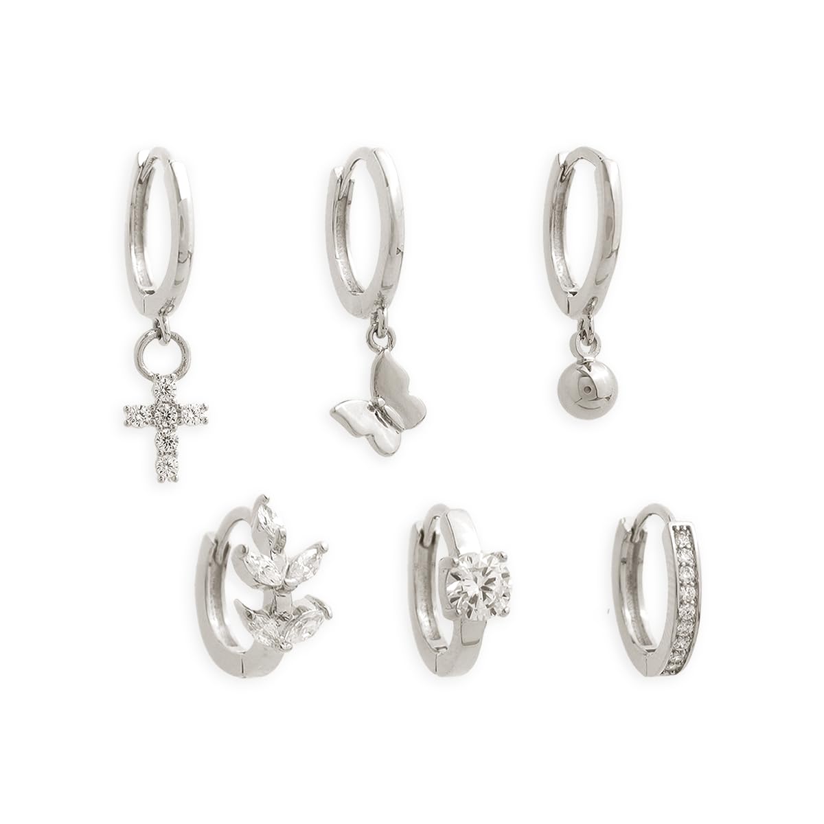 Frigotine 3PCS Silver Ball Cross Butterfly Dangle Small Hoop Earrings Stack Set for Woman, Dainty Rhinestone CZ Drop Multiple Piercing Cartilage Huggie Earing Wedding Prom Fashion Jewelry Gifts