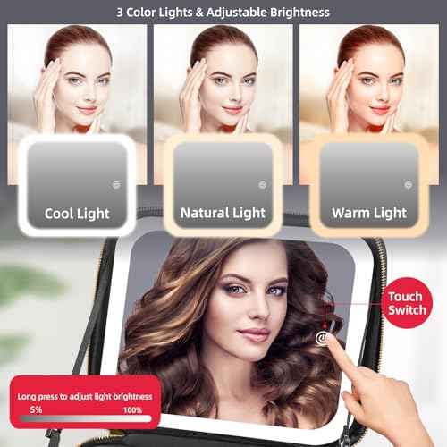 Travel Makeup Bag with Mirror of LED Lighted, Makeup Train Case with Adjustable Dividers, Makeup Case with Mirror and Detachable 10x Magnifying Mirror