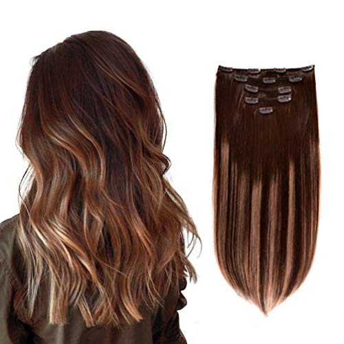 5 Pieces 20" Remy Clip in Hair Extensions Human Hair Chocolate Brown to Honey Blonde Highlight Brown Ombre - Silky Straight Short Thick Real Hair Extensions for Women (20 inches, (4T27) P4, 100grams)