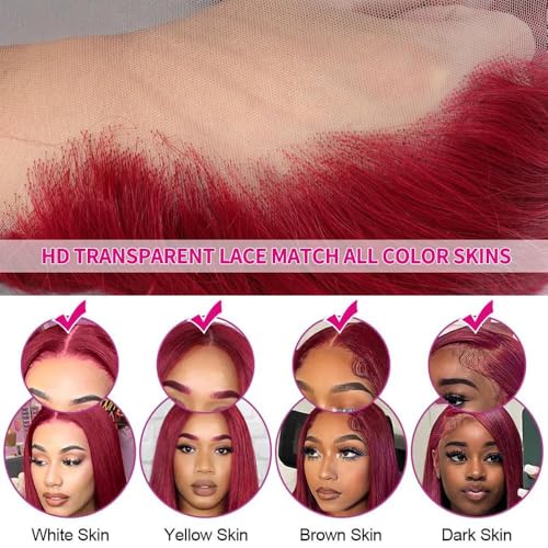 99j Burgundy 13x6 HD Lace Front Wigs Human Hair 22inch Straight Human Hair Wigs HD Lace Frontal Wigs for Black Women 250% Density Glueless Wigs Human Hair Pre Plucked Pre Cut With Baby Hair