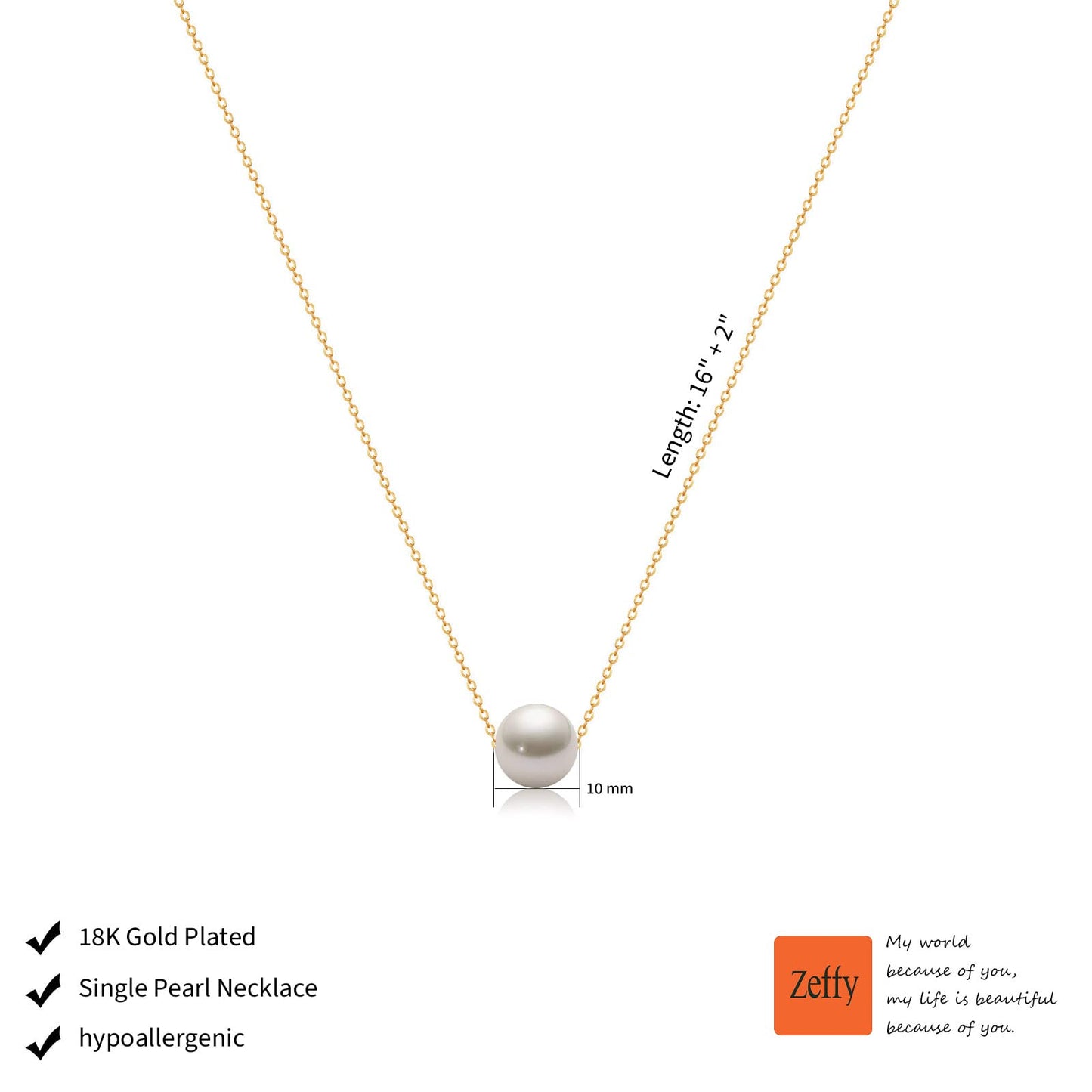 Zeffy Pearl Necklaces for Women, 18K Gold Plated Single Pearl Choker Necklace Pendant Simple Handmade Pearl Chain for Girls Women Everyday Jewelry Gifts