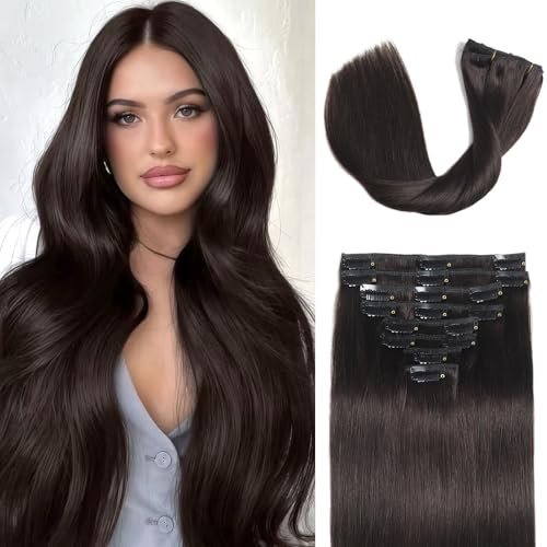 Clip in Hair Extensions Real Human Hair, 22 inch 110g, Balayage Invisible Remy Human hair Clip in Extensions for Women Seamless Straight 8Pcs Double Weft Dark Brown